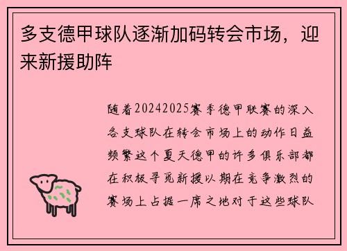 多支德甲球队逐渐加码转会市场，迎来新援助阵