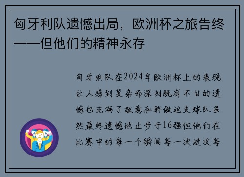 匈牙利队遗憾出局，欧洲杯之旅告终——但他们的精神永存